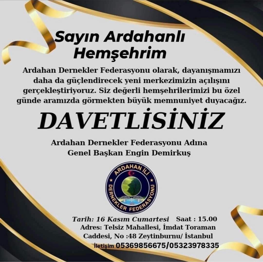 Ardahan Dernekler Federasyonu, Yeni Genel Merkezinin Açılışını Yapacak