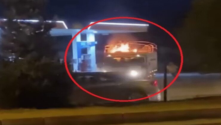 Alev alan kamyonet, akaryakıt istasyonuna girdi