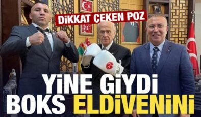 Bahçeli boksör Avni Yıldırım’ı ağırladı, boks eldiveniyle poz verdi!