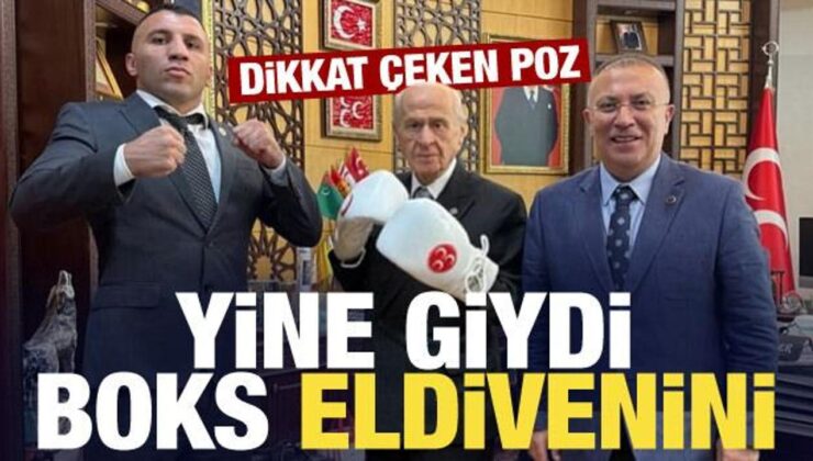Bahçeli boksör Avni Yıldırım’ı ağırladı, boks eldiveniyle poz verdi!