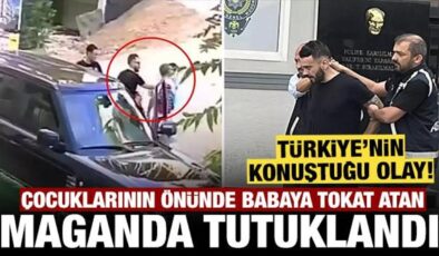 Çocuklarının gözü önünde babaya tokat atan maganda tutuklandı!