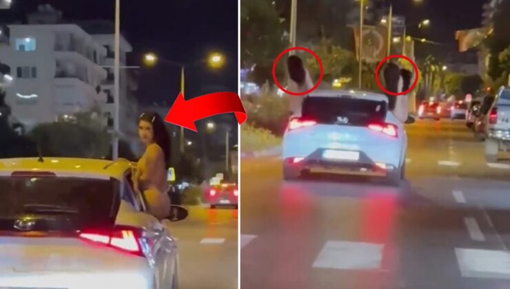 Görüntüler Türkiye'den… Arabanın camından sarkan 3 bikinili kadın trafiği karıştırdı