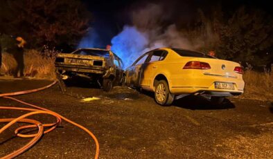 Kafa kafaya çarpışan otomobiller alev aldı