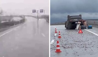 Su birikintisine girip refüje çarptı, defalarca takla attı! Feci kaza araç içi kameraya yansıdı