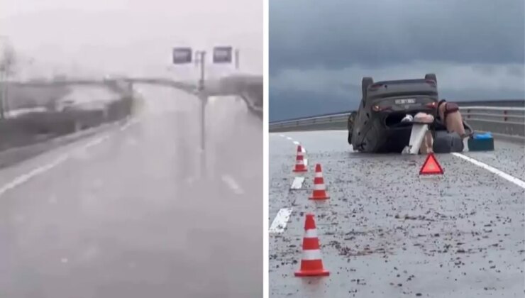 Su birikintisine girip refüje çarptı, defalarca takla attı! Feci kaza araç içi kameraya yansıdı