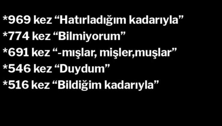 İddianame 969 kez “Hatırladığım kadarıyla”, 774 kez “Bilmiyorum”, 691 kez “mışlar, mişler, muşlar”larla dolu