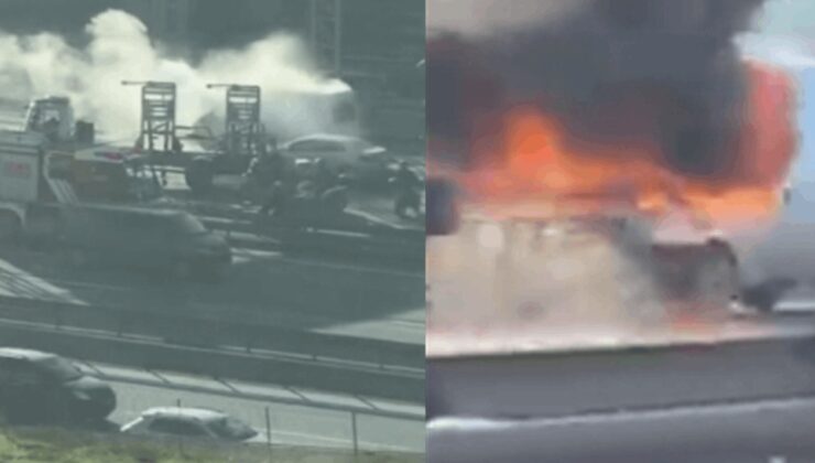 Bağcılar TEM Otoyolu'nda minibüs alev alev yandı