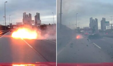 Makas atan sürücü bariyerlere çarptı, motoru alev alıp yola fırladı