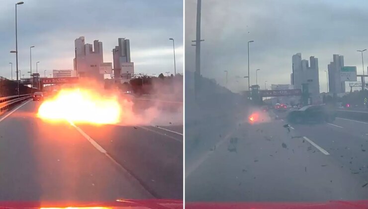 Makas atan sürücü bariyerlere çarptı, motoru alev alıp yola fırladı