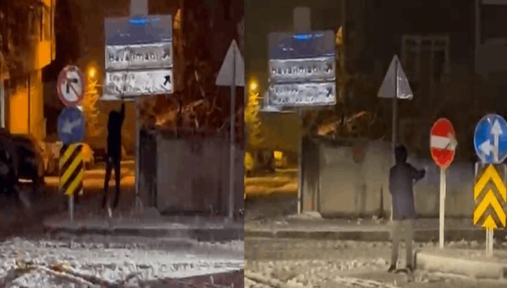 12 yaşındaki Kadir karla kaplanan trafik levhalarını temizledi