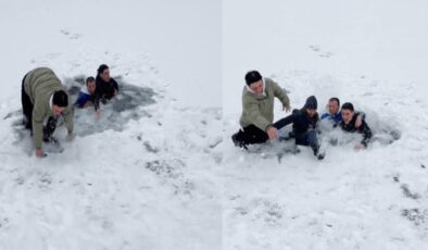 Derenin üzerinde zıplarken buz kırıldı: Böyle düştüler