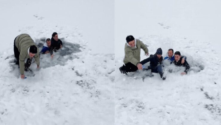 Derenin üzerinde zıplarken buz kırıldı: Böyle düştüler