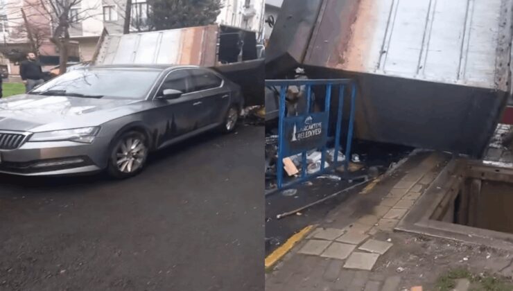 Sancaktepe’de çöp konteyneri otomobilin üzerine düştü