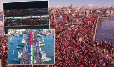 Spor camiası, Filistin’e destek olmak için Galata Köprüsü’nde düzenlenen eyleme katıldı