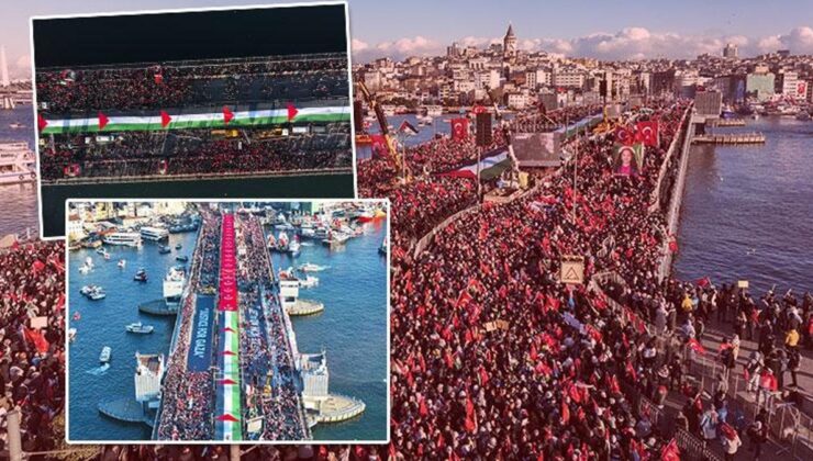 Spor camiası, Filistin’e destek olmak için Galata Köprüsü’nde düzenlenen eyleme katıldı