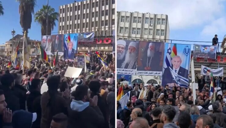 Suriye’de skandal gösterdi: İsrail bayrağı ve Netanyahu fotoğraflarıyla sokağa indiler