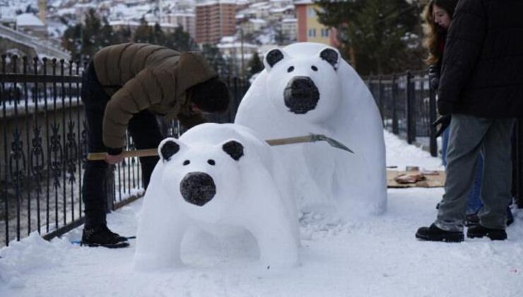 Tır şoförünün kardan yaptığı ayı ailesi ilgi odağı oldu