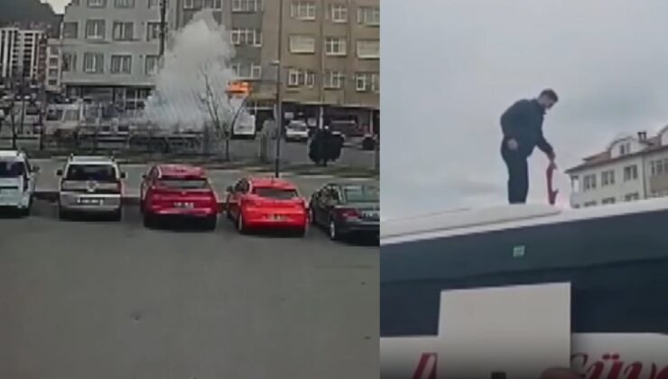 Trafikte ilginç anlar! Bomba gibi patladı, otobüsün üstüne düştü