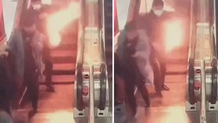 Yürüyen merdivenden alev saçarak indi