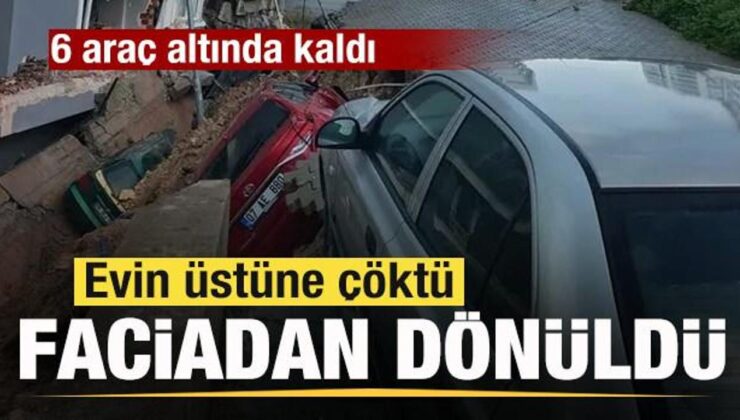 Faciadan dönüldü! İstinat duvarı evin üstüne çöktü! 6 araç altında kaldı