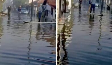 Göle dönen yolda kano ile ilerledi