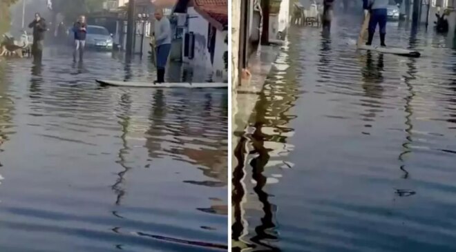 Göle dönen yolda kano ile ilerledi