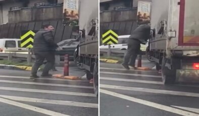 Küçükçekmece’de trafikte ‘kaynak’ tartışması! Otomobil sürücüsü kamyoneti yumrukladı