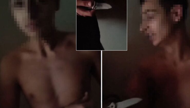 Dehşete düşüren görüntü: Bir kadın, biri yarı çıplak diğeri bıçaklı iki erkek